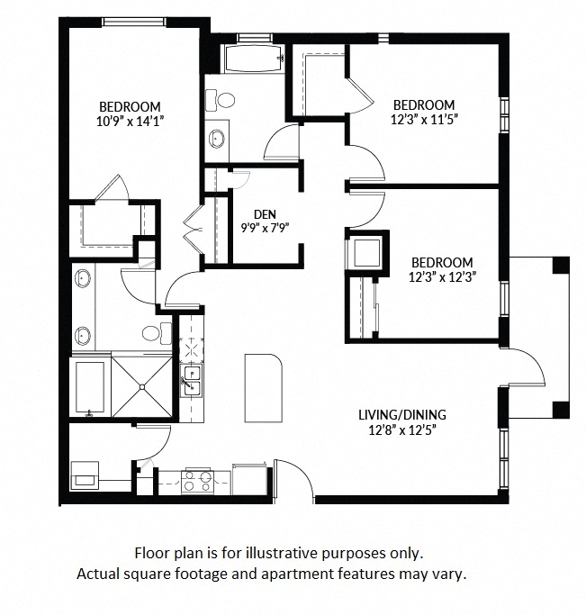 Floor plan for 3 beds, 2 baths, 1440 sqft